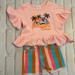 Boutique 12-18 Month Girls Pink Summer Vibes Sunset Palm Trees Shirt with Shorts